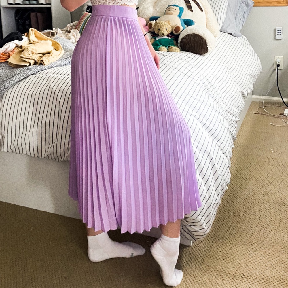 purple pleated midi skirt
